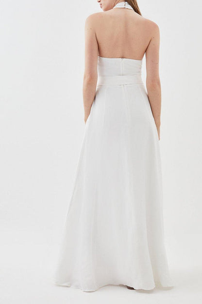 Linen Halter Neck Tie Waist Midi Dress