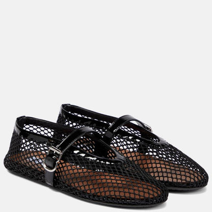 Leather-trimmed Fishnet Ballet Flats