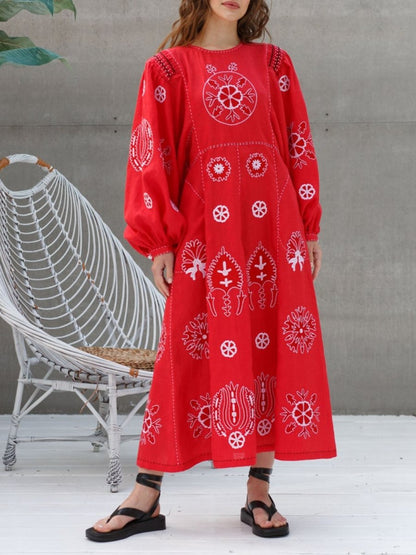 Embroidered Linen Puff Sleeves Dress