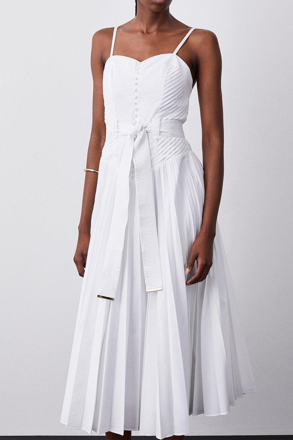 Cotton Top Stitch Pleated Midi Dress