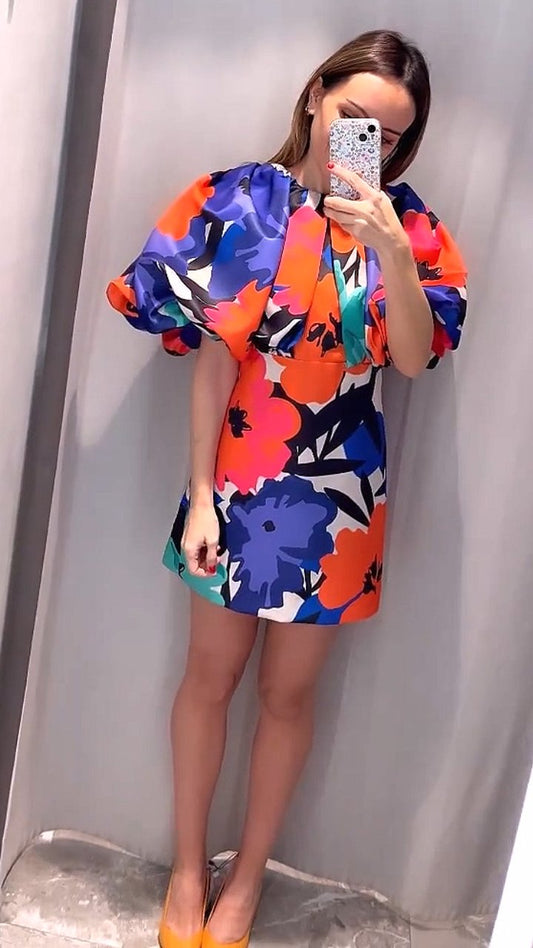 Printed Balloon Sleeve Mini Dress