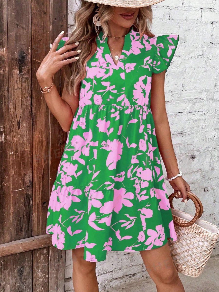 Lotus Sleeve V-neck Loose Waist Printed Dress