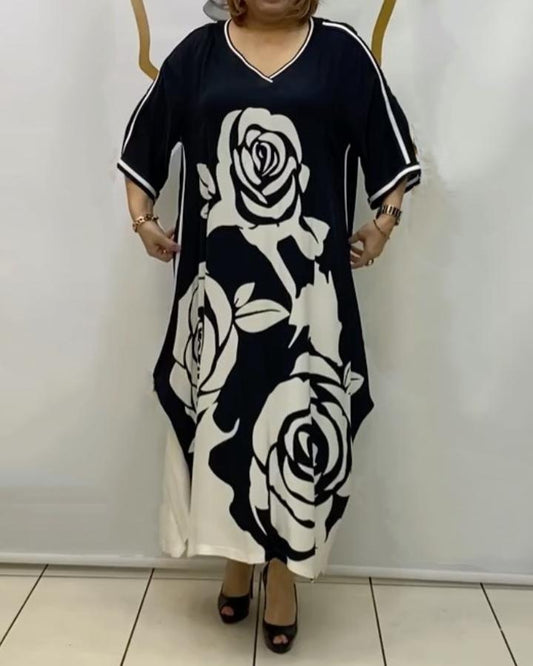 Black and White Rose Loose V-Neck Dress