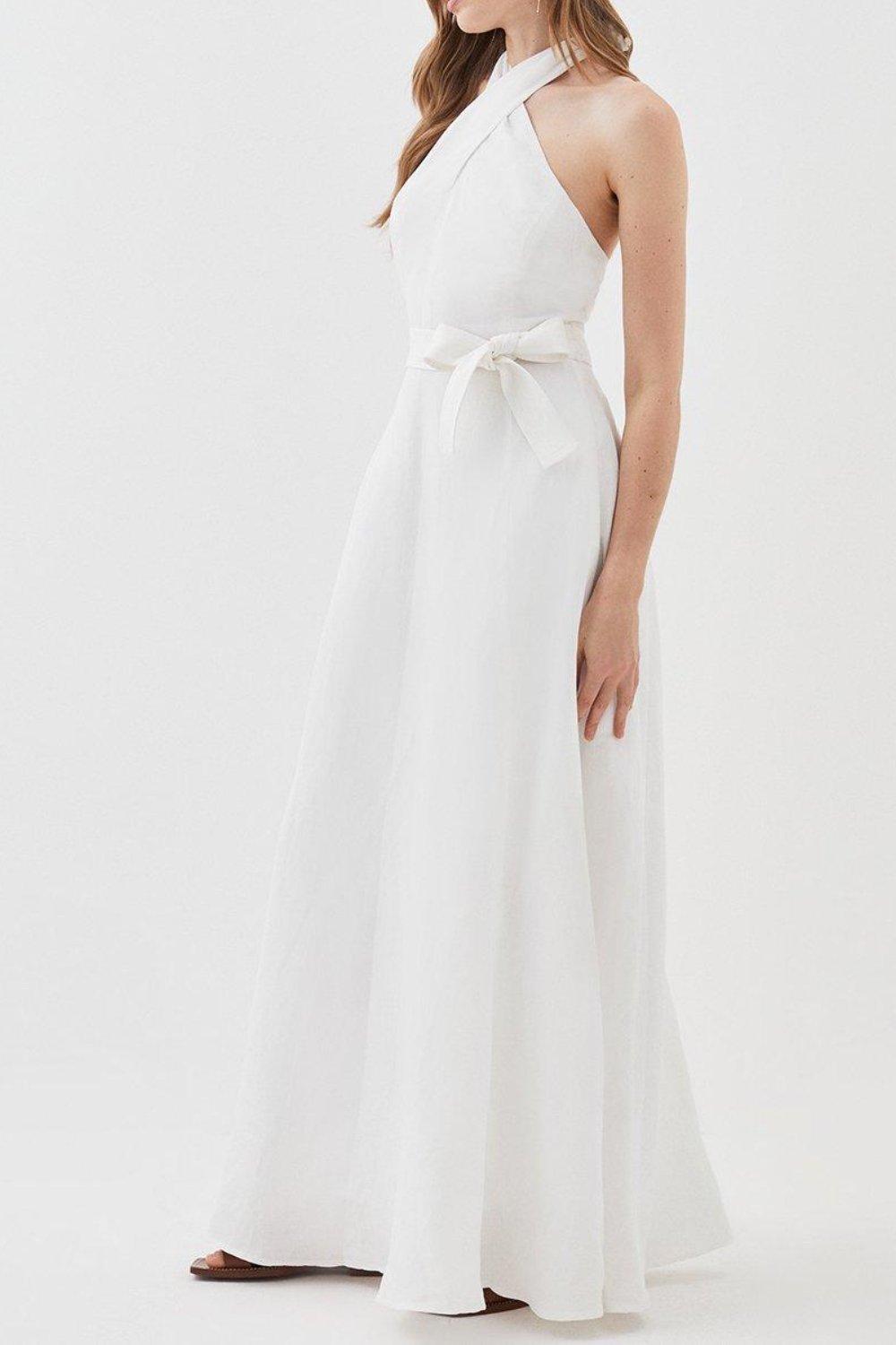 Linen Halter Neck Tie Waist Midi Dress