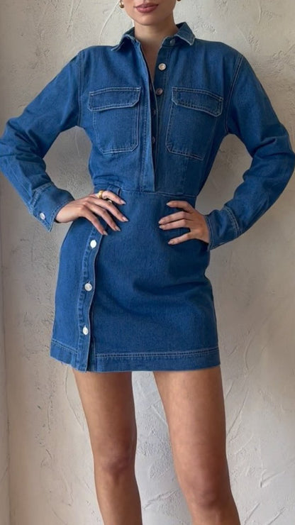 Denim Mini Dress in Mid Blue