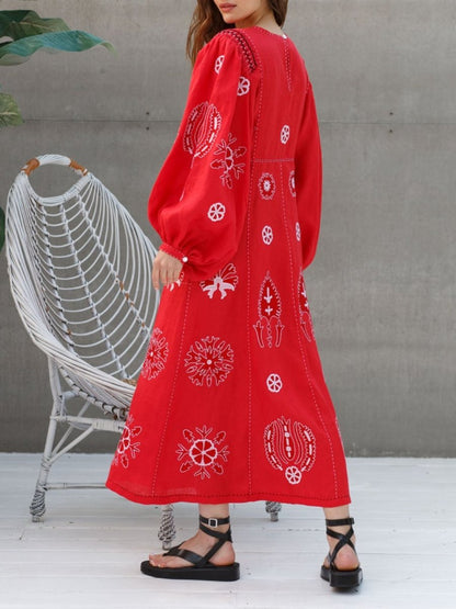 Embroidered Linen Puff Sleeves Dress