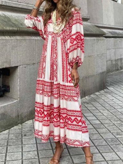 Geometric Print Bubble Sleeve Dress