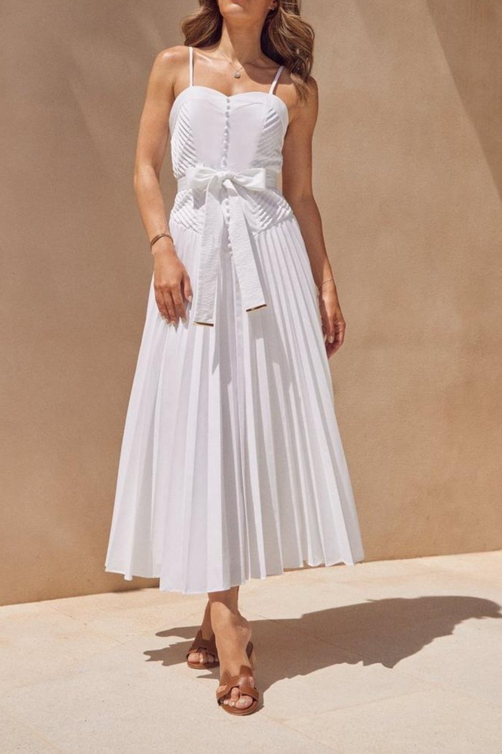 Cotton Top Stitch Pleated Midi Dress