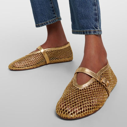 Leather-trimmed Fishnet Ballet Flats