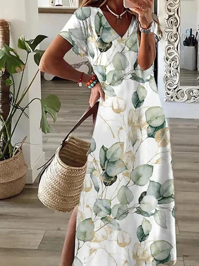 Casual Loose Leaf Printed V Neck Dress