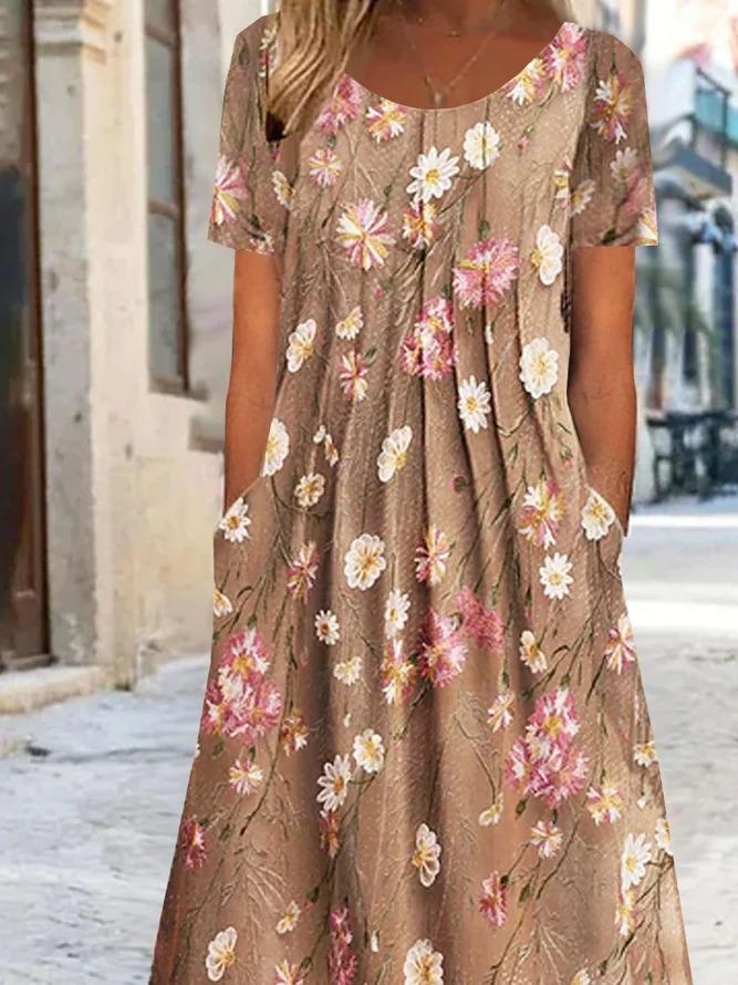 Casual Floral Printed Crew Neck Dress