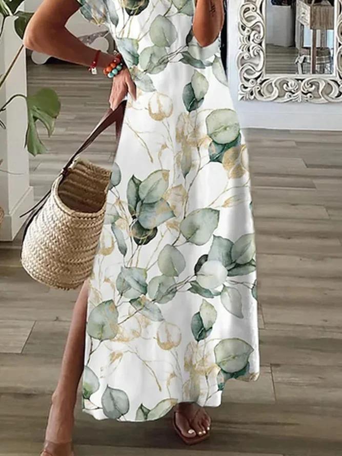 Casual Loose Leaf Printed V Neck Dress