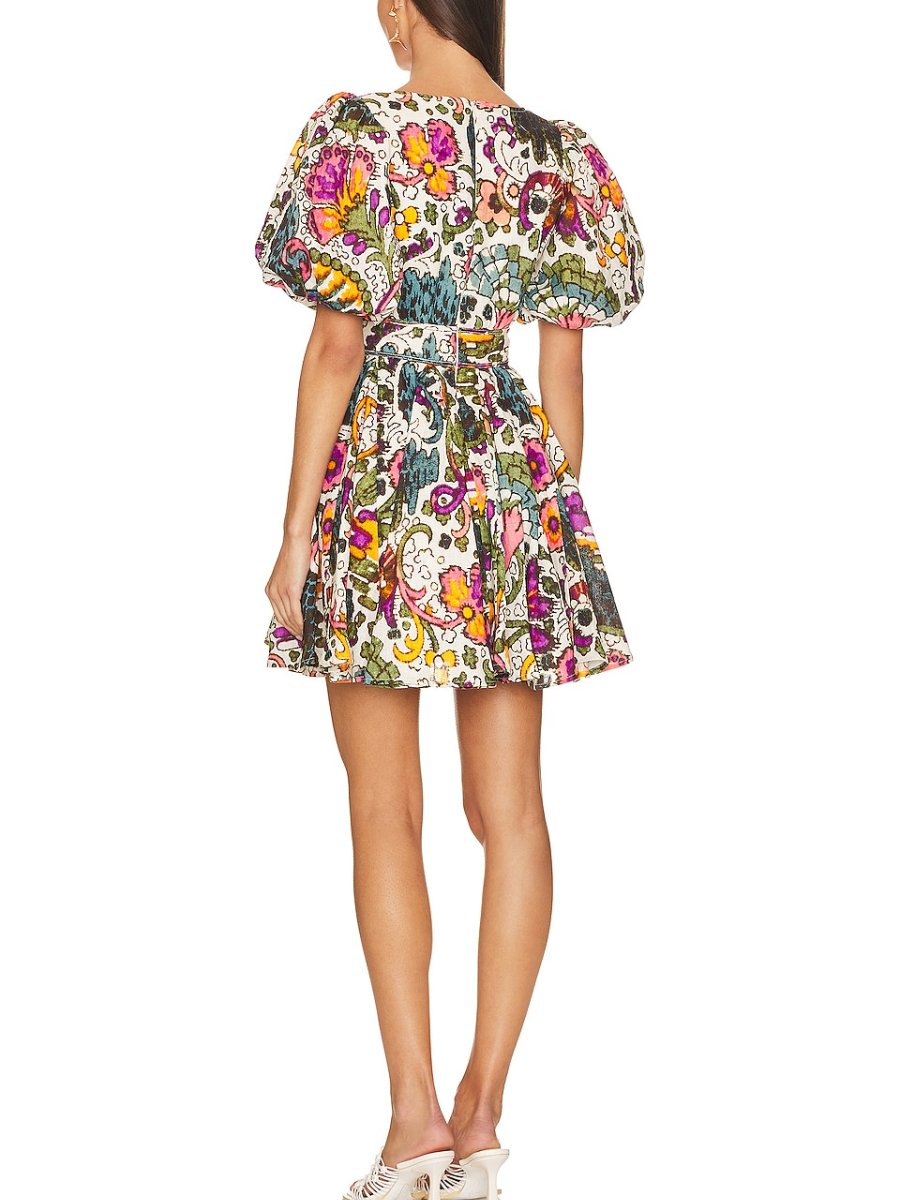 V-neck Printed Bubble Sleeve Dress