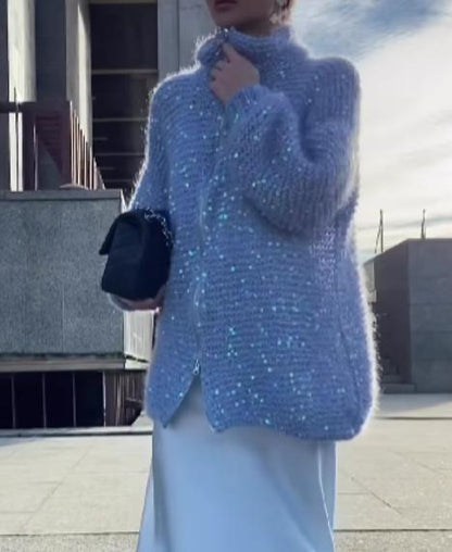 Blue Sequined Handmade Cardigan