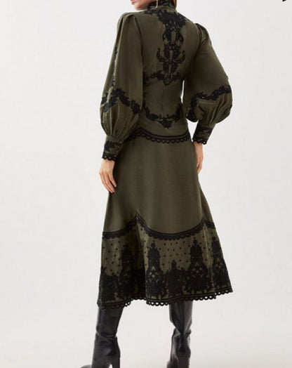 Fall Olive Printed Lace Maxi Dress