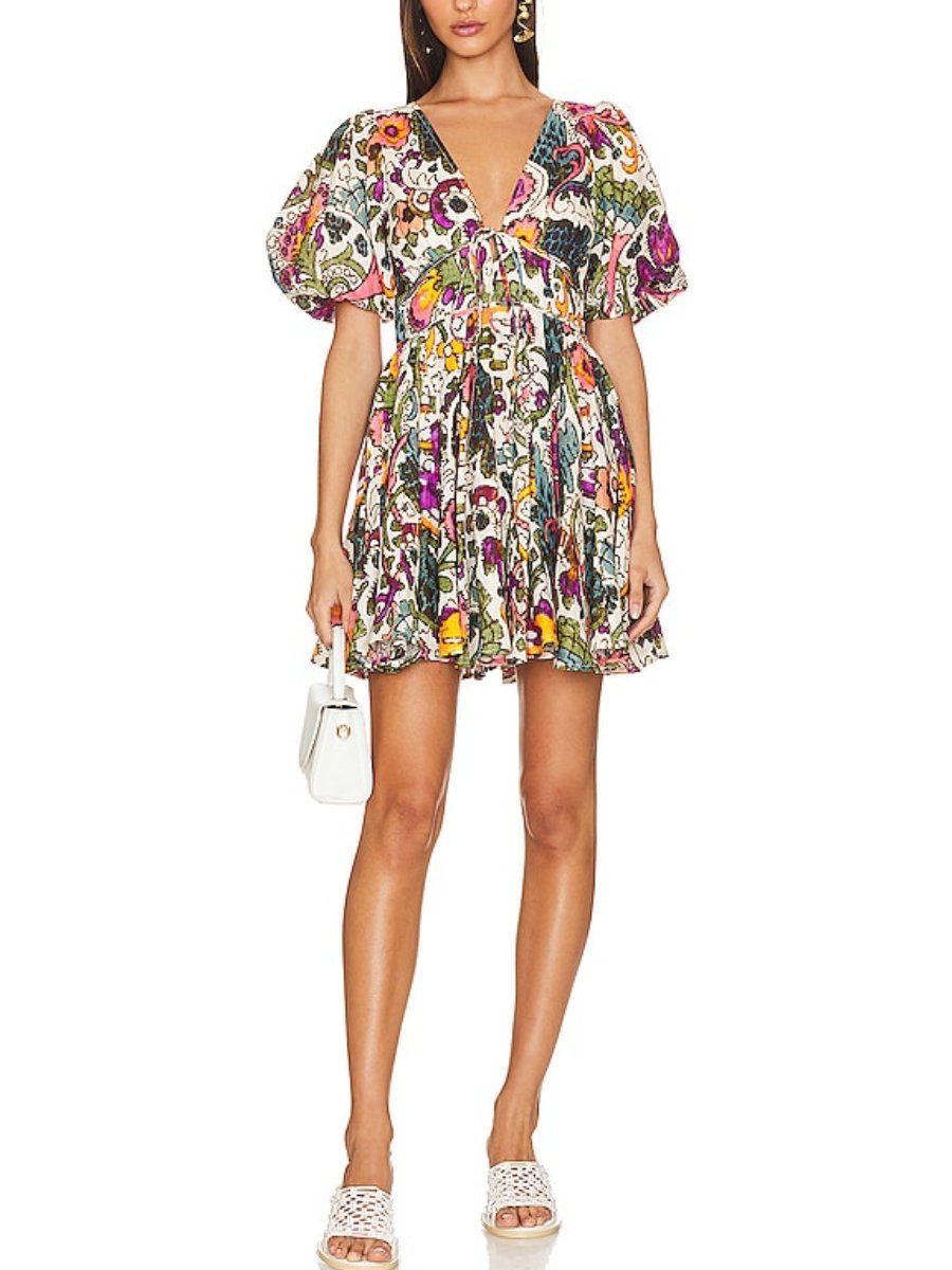 V-neck Printed Bubble Sleeve Dress