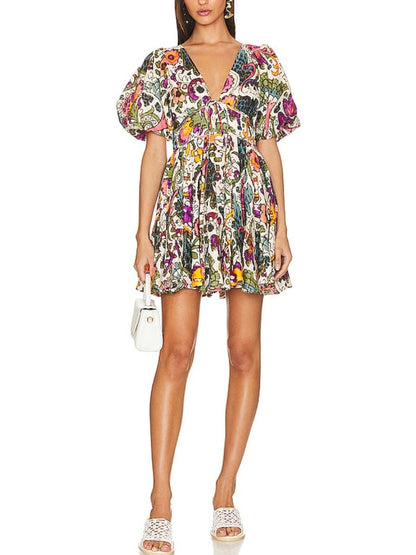 V-neck Printed Bubble Sleeve Dress