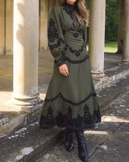 Fall Olive Printed Lace Maxi Dress